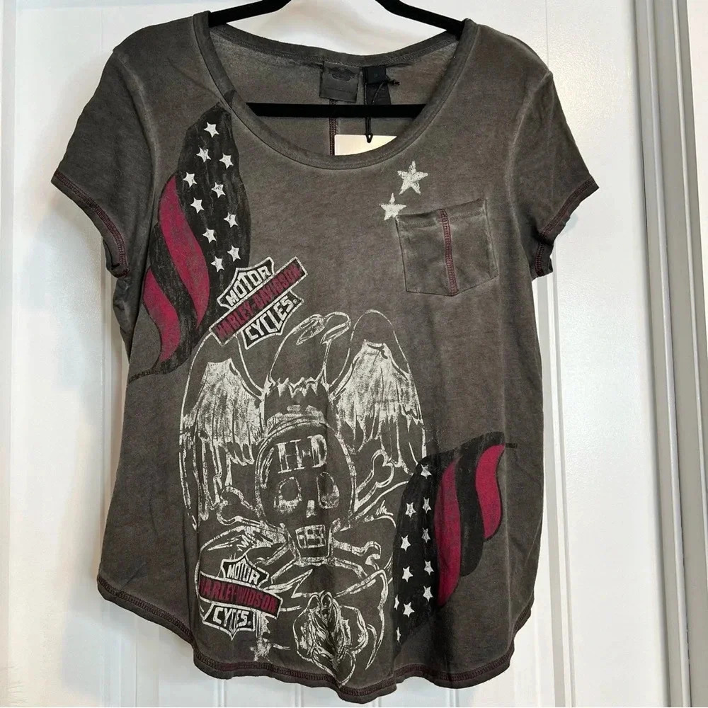Harley Davidson Gray‎ Graphic Cropped Back Tee. Size Medium. NWT.